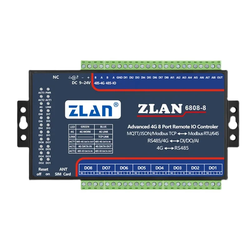 

4G Modbus Gateway JSON MQTT RS485 8 Ports DI/DO/AI Ethernet Io ZLAN6808-8