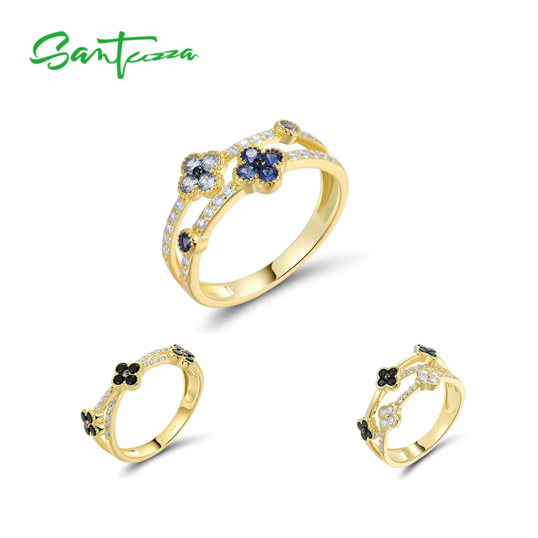 

SANTUZZA Pure 925 Sterling Silver Ring For Women Created Sapphire Black Spinel White CZ Fancy Party Fashion Gifts Fine Jewelry