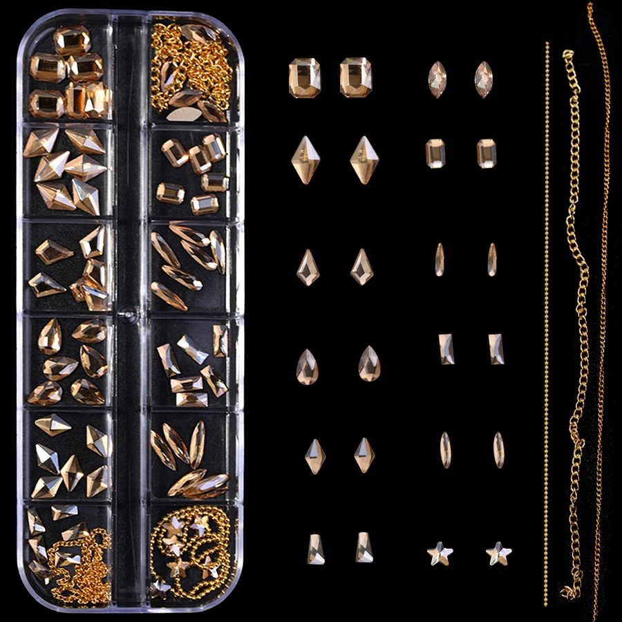 6 Boxes Gold Metal Nail Charms Kit, Rhinestone Pearl Nail Studs with Pickup Pen for Nail Art DIY Craft