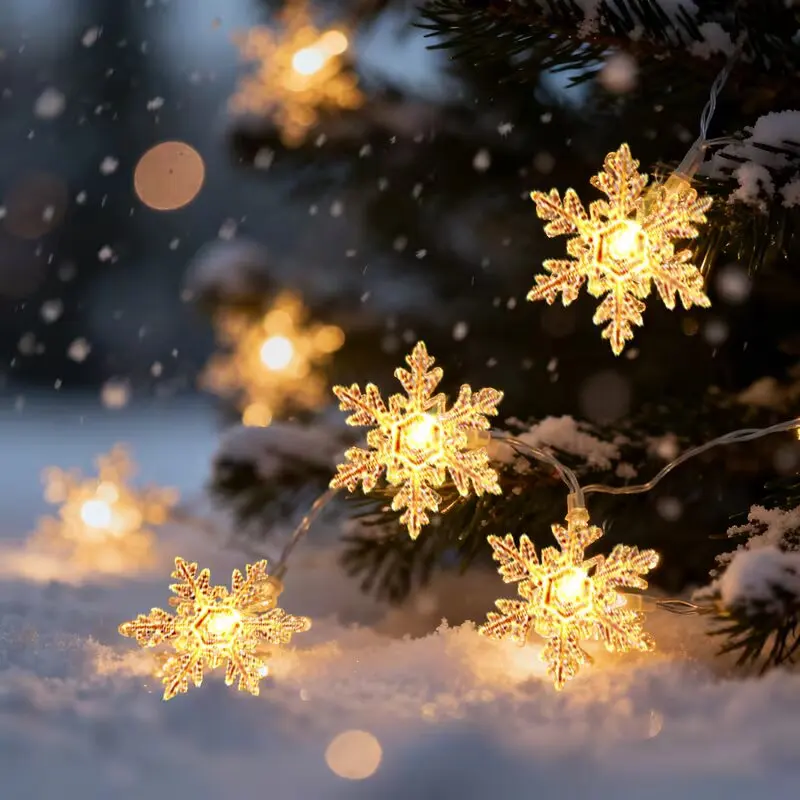 LED Snowflake Christmas Decoration String Lights,Battery Powered Warm White Fairy Lights for Xmas Tree Winter Window