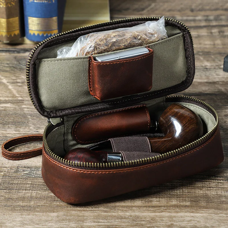 Vintage Genuine Cowhide Leather Pipe Storage Case Pouch Multi Compartments Tobacco Accessory Organizer Portable Pipe Tool Bags