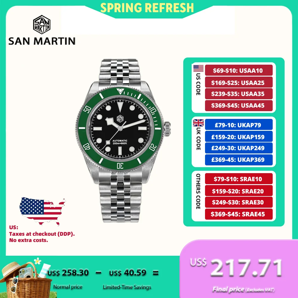 

San Martin 40mm NH35 Mens Watch Diving Mechanical Wristwatch 5-Link Bracelet Ceramic Bezel Waterproof 20Bar BGW-9 Reloj SN0128