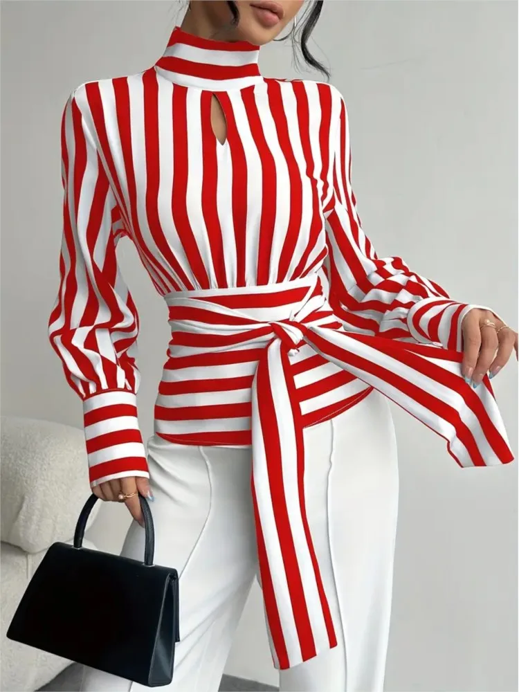 Retro Fashion Tie Waist Striped Blouses Top Women Autumn Fashion Long Sleeve Cutout Turtleneck Tops Woman Clothing Streetwear - Image 5