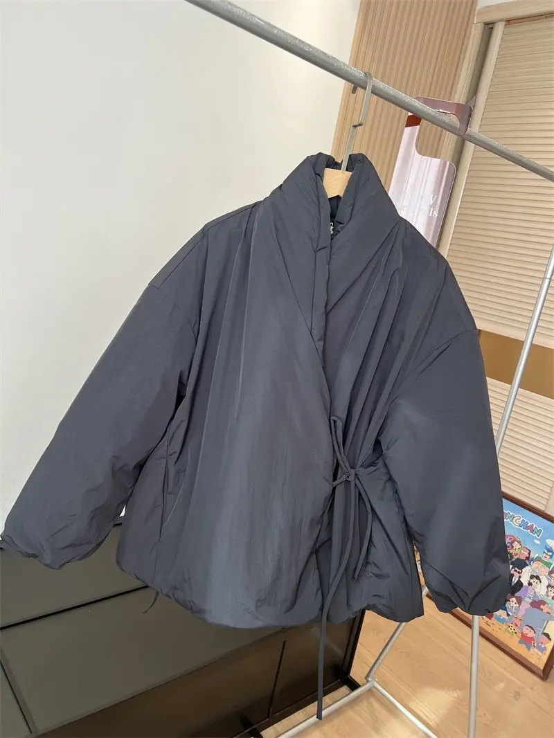 Winter Stand Up Collar Lace-Up Cotton Jacket French Casual Fashion Loose Solid Color Simple Women Thicken Padded Overcoat