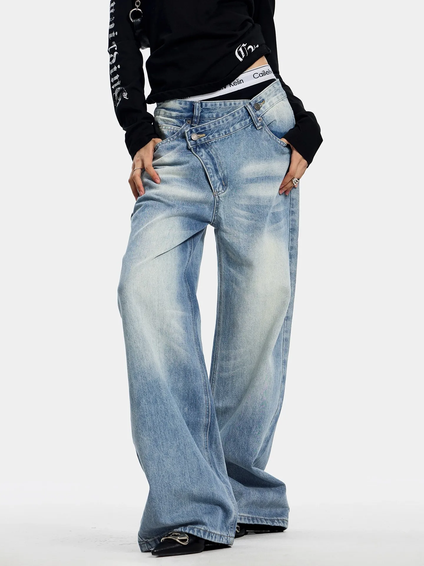 กางเกงยีนส์ทรงคาร์โก้สีน้ำเงินแบบไม่สมมาตรสำหรับผู้หญิง สไตล์ Y2K ญี่ปุ่น ฮาราจูกุ สตรีทแฟชั่น วินเทจ ลำลอง เสื้อผ้า 2025