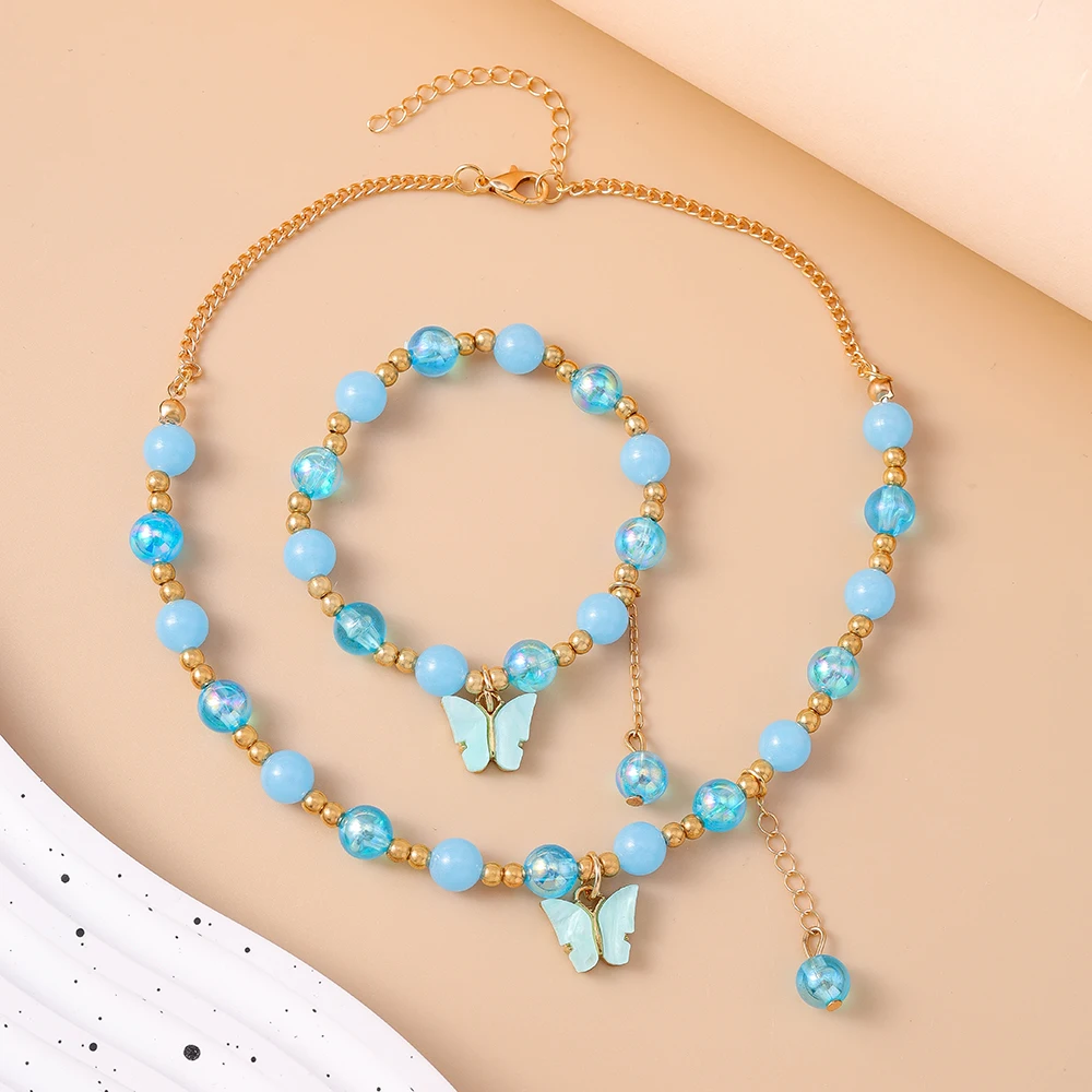Aihua Romantische rosa Kristall Schmetterling Armband Halskette für Frauen Mädchen bunte Popcorn Perlen Halsband Halskette Schmuck Set – Detail 3