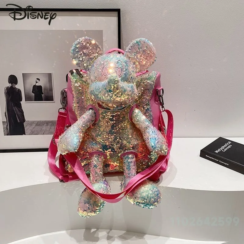 Mickey 2025 New Women's Backpack Fashion High Quality Glitter Doll Backpack Cartoon Versatile Large Capacity Women's Backpack