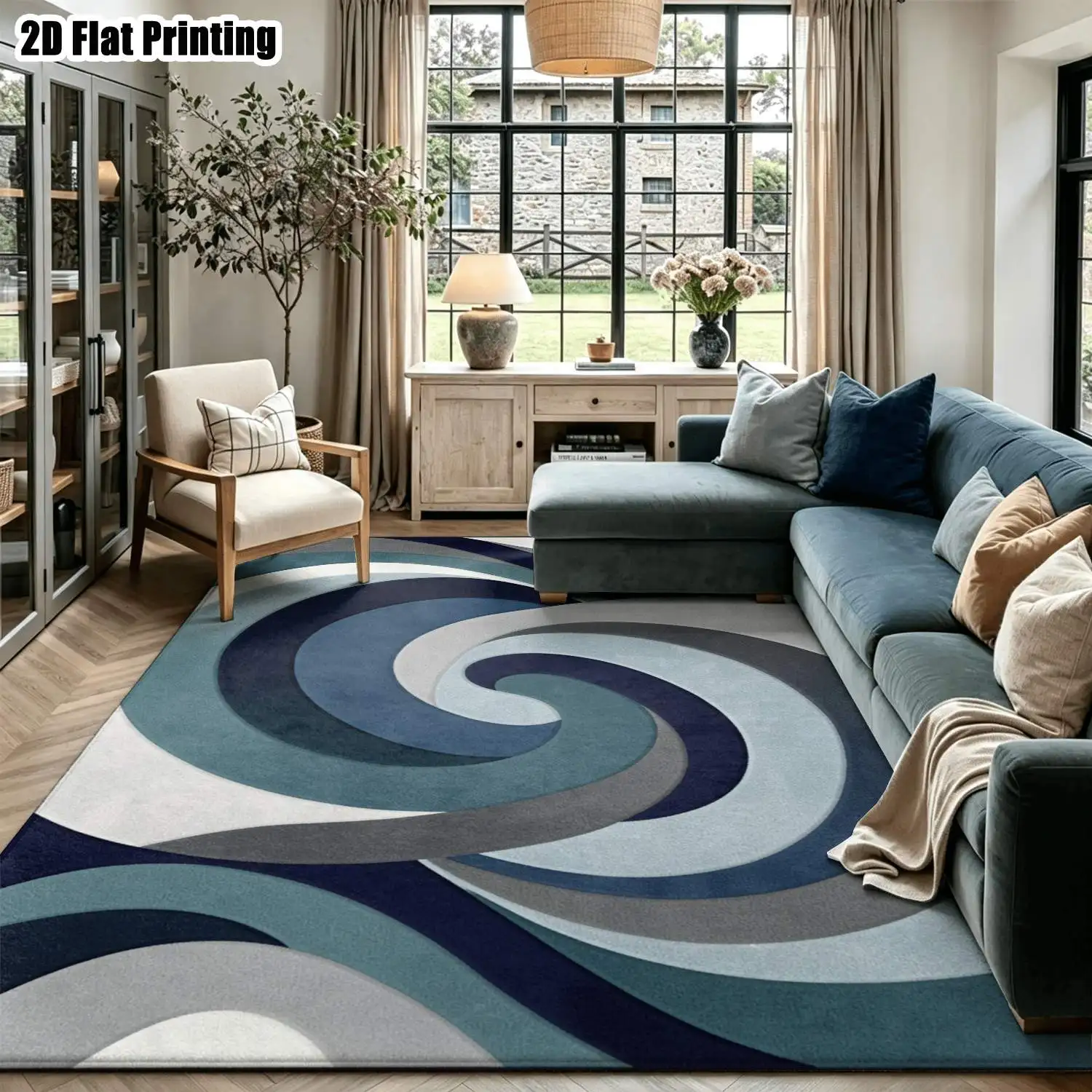 1Pc 2D Printed Carpet: Blue-Gray Gradient Spiral Abstract Pattern, Modern Simple Decor, Multi-Size, Machine Washable, Suitable for Multi-Scene Use