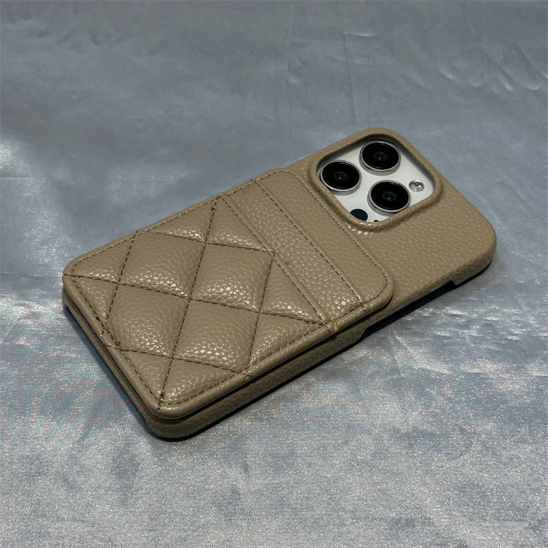 Luxury Card Pocket Wallet Leather Phone Case for iPhone 16 17pro max 15 17 14 Pro 13 12 Trendy Lattice Card Slot Matte Cover