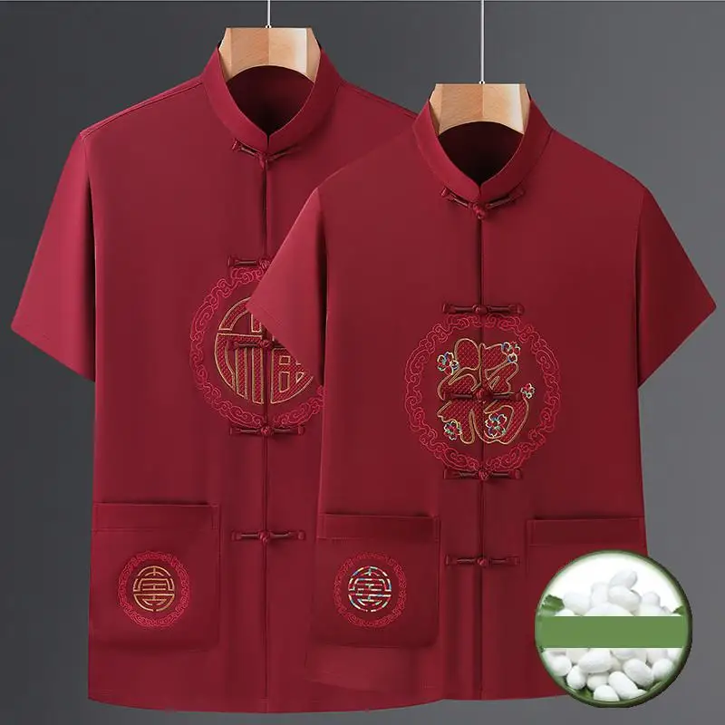 Summer New Chinese Style Short Sleeve Tang Suit Men Embroidery Silk Satin Top And Pants Kung Fu Sets Oriental Button Costume