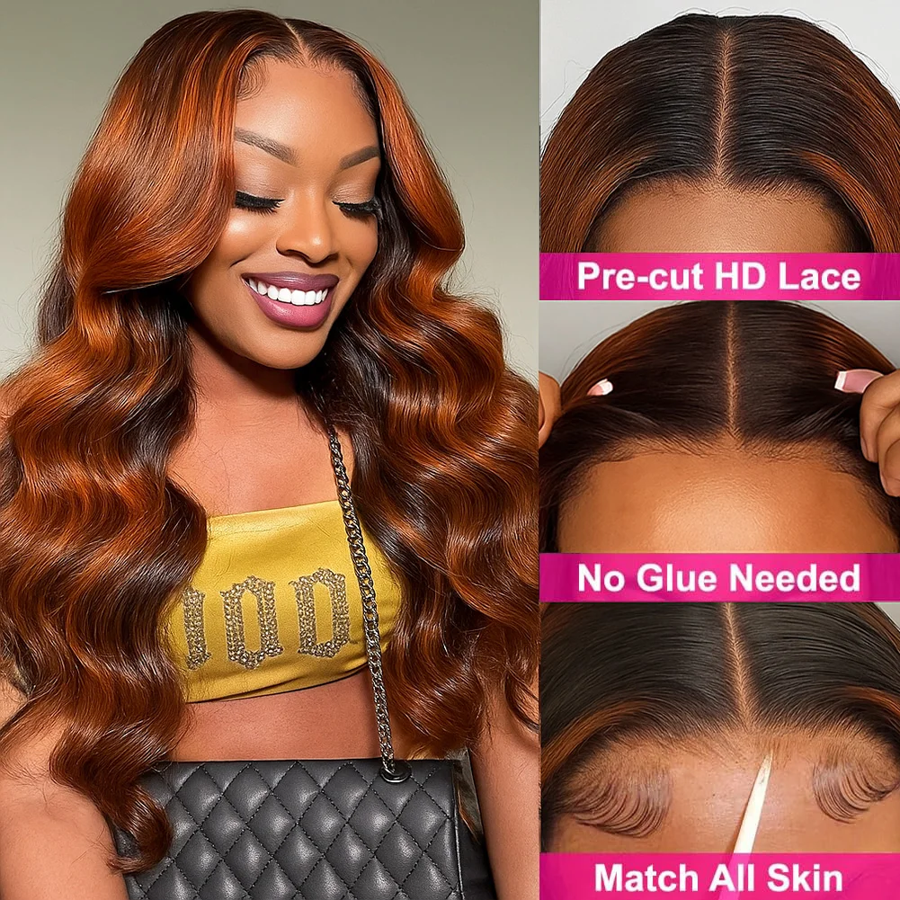 ボディウェーブ # 4/350 オンバージンジャー ブラウンハイライトウィッグ 30インチ 5x5 グルーレス ブラジリアンレミー プレプラッキング済み人毛ウィッグ 女性用