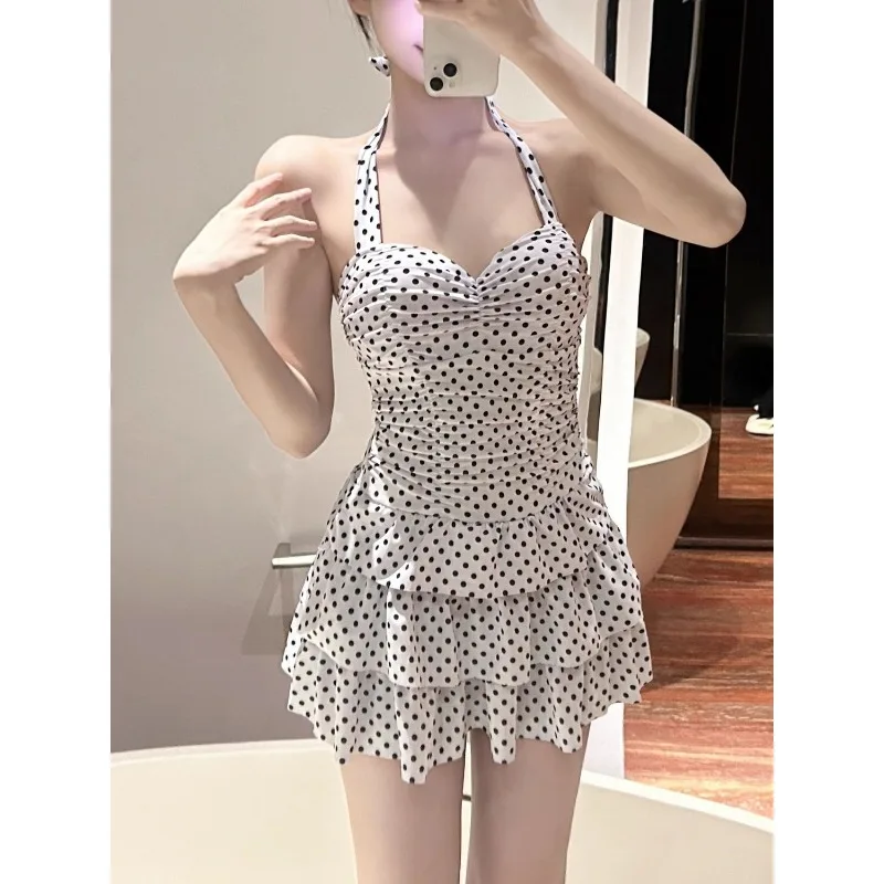 Women Ruffles Sweet Dot Print Swimwear Sexy Halter Sleeveless One Piece Swimsuit Holiday Beach Dresses Conservative Bathing Suit