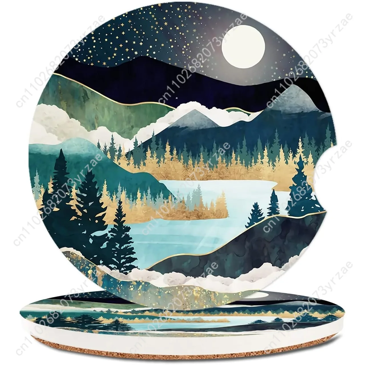

Starry Sky Lakes Mountains Car Coasters 2pcs Absorbent Anti Slip Car Coasters Scalding Waterproof Car Interior Accessories