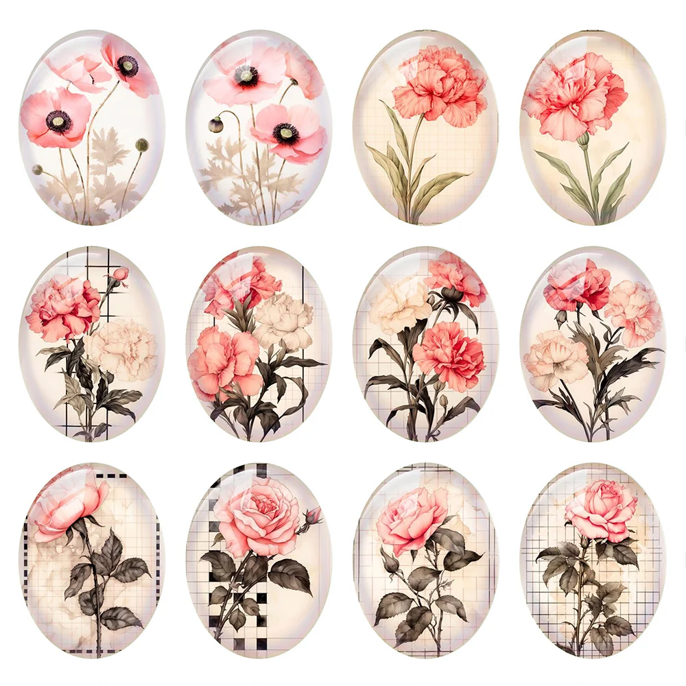 Random Mixed Round/Oval/Square Pink Rose Flower Carnation Photo Glass Cabochon Flatback Demo Cameo For Diy Jewelry Making