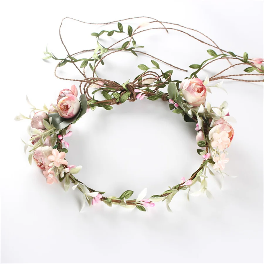 New Fashion Bohemian Wreath Hair Band Flower Crown Women long Rattan Simulation Flower Headband Headwear spring Hair Accessories