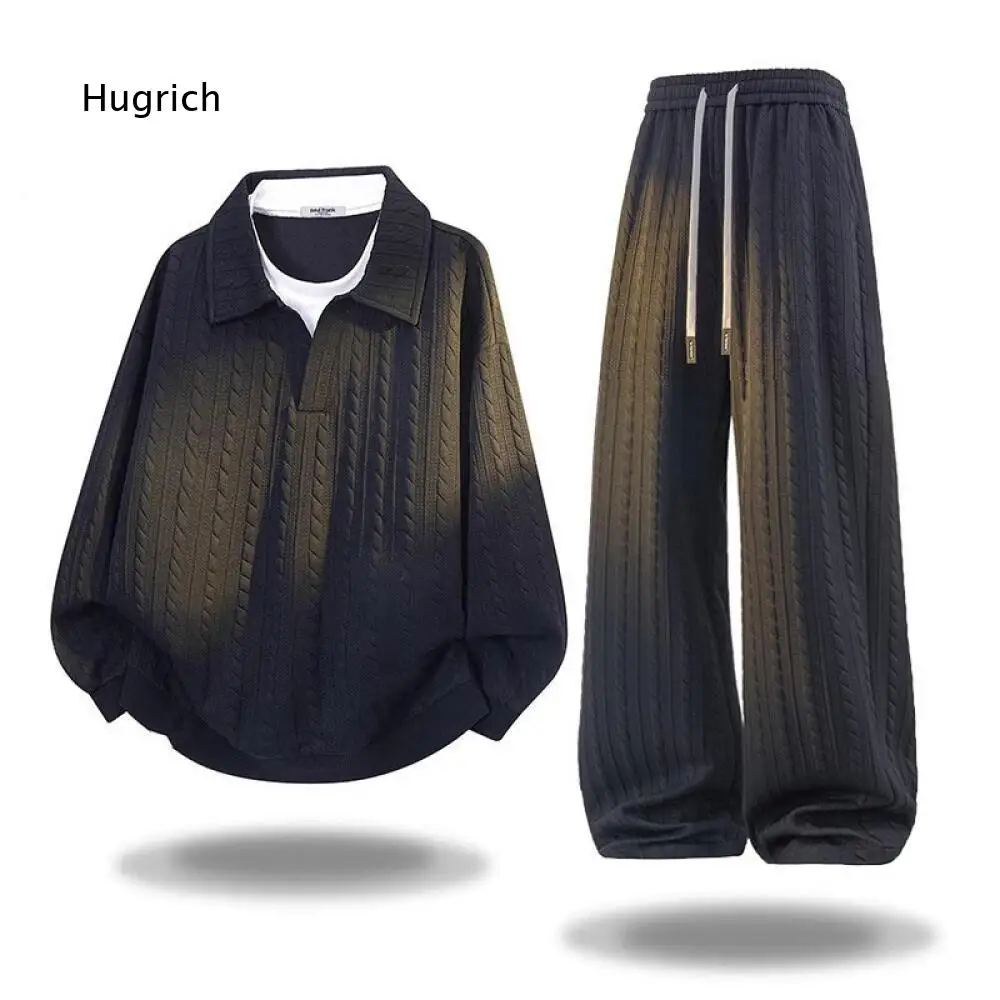 Mens Daily Matching Outfit Lapel Textured Long Sleeve Top And Elastic Drawstring Wide Leg Pants For Comfortable Street Fashion
