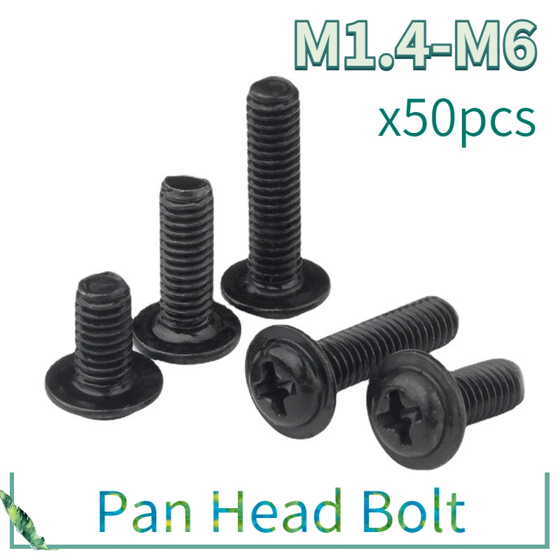 50pcs/lot PWM Black Pan Head Screws with Washer Fixed Motherboard Screws With Pad DIN967 M1.4 M2 M2.5 M3 M 3.5 M4 M5 M6