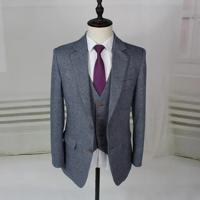 Winter Smoking Grey Tweed Warm Men Suit Formal Jacket Prom Tuxedo Slim Fit 3 Piece Custom Groom Blazer Sets Ternos Traje Hombre