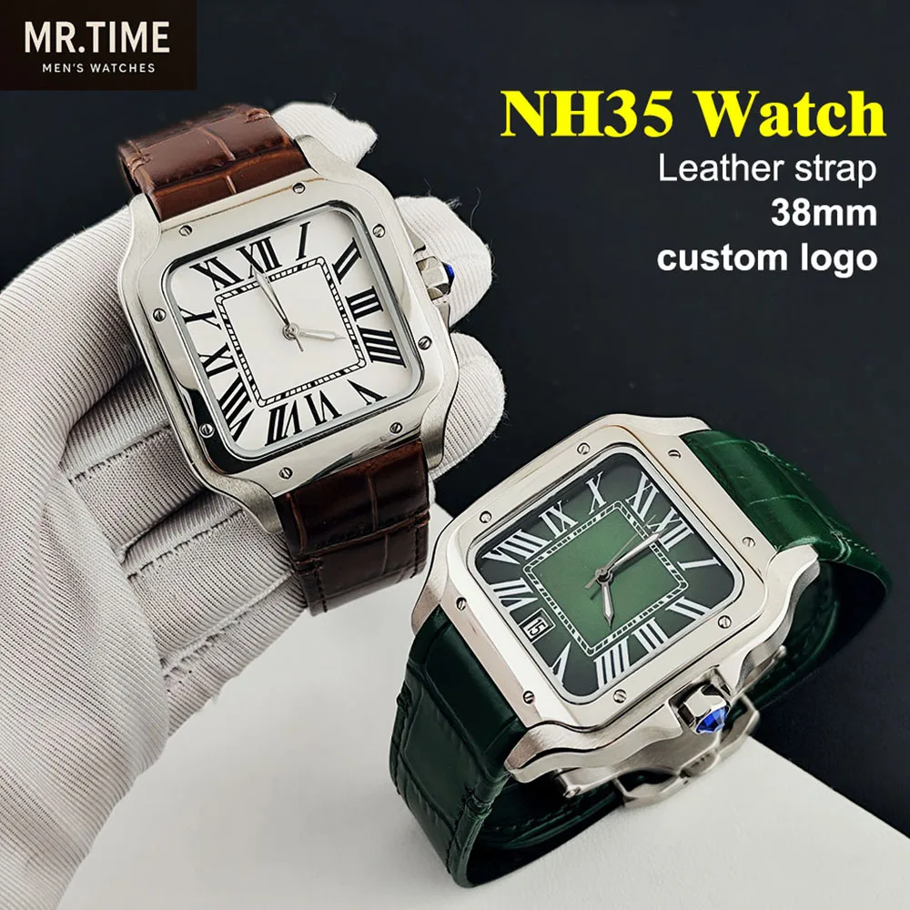 HOT NH35 Watch Square Watch Leather Strap Men's Watch Roman Dial Folding Buckle Customized Logo NH35 Movement Watch