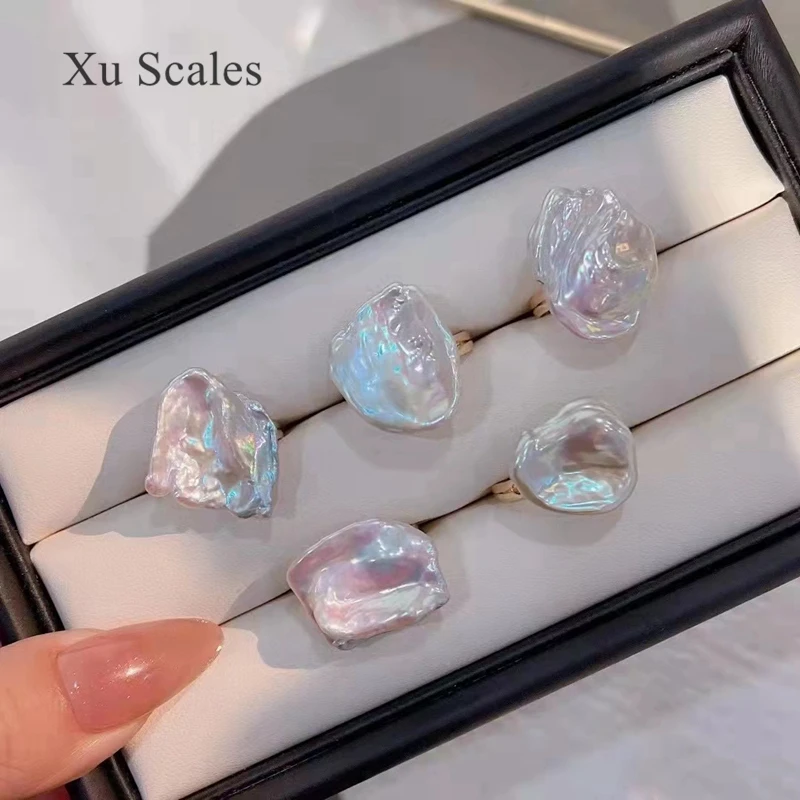 Good Quality Big Baroque Natural Freshwater Pearl Aurora Colorful Petal Ring 14k Gold Adjustable Fashion Personality Ins Style