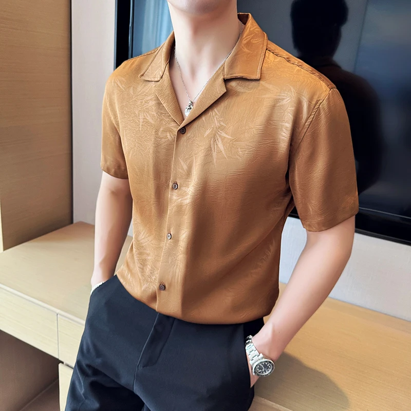 High Quality Jacquard Print Shirt Men Short Sleeve Thin Soft Silky Draped Cuban Collar Male Shirt Summer New Design Men Clothing