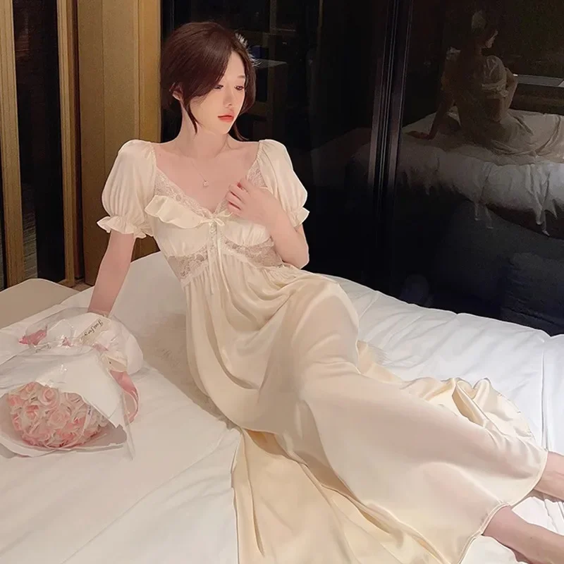 French Nightgown Summer Ice Silk Elegant Long with Chest Pads and Short Sleeves Lazy Night Dress Women  Lingerie  Sleep Dress