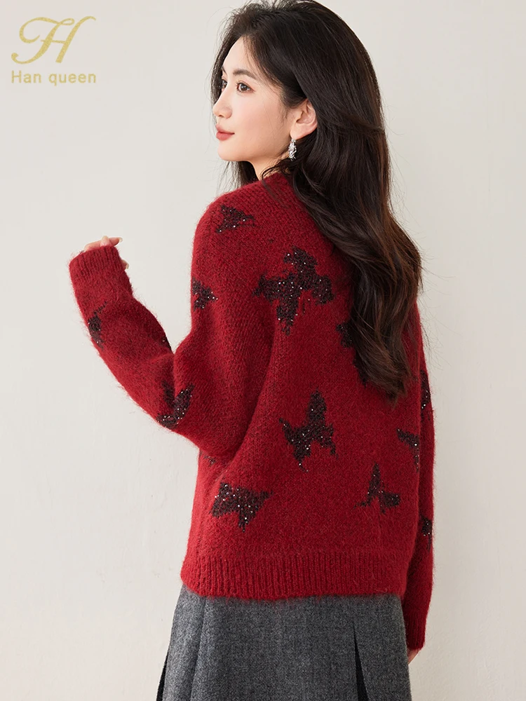 H Han Queen Korean Chic Sequined Butterfly Loose Versatile Sweaters Knitted Pullover Sweater Women Long Sleeve Autumn Pullover