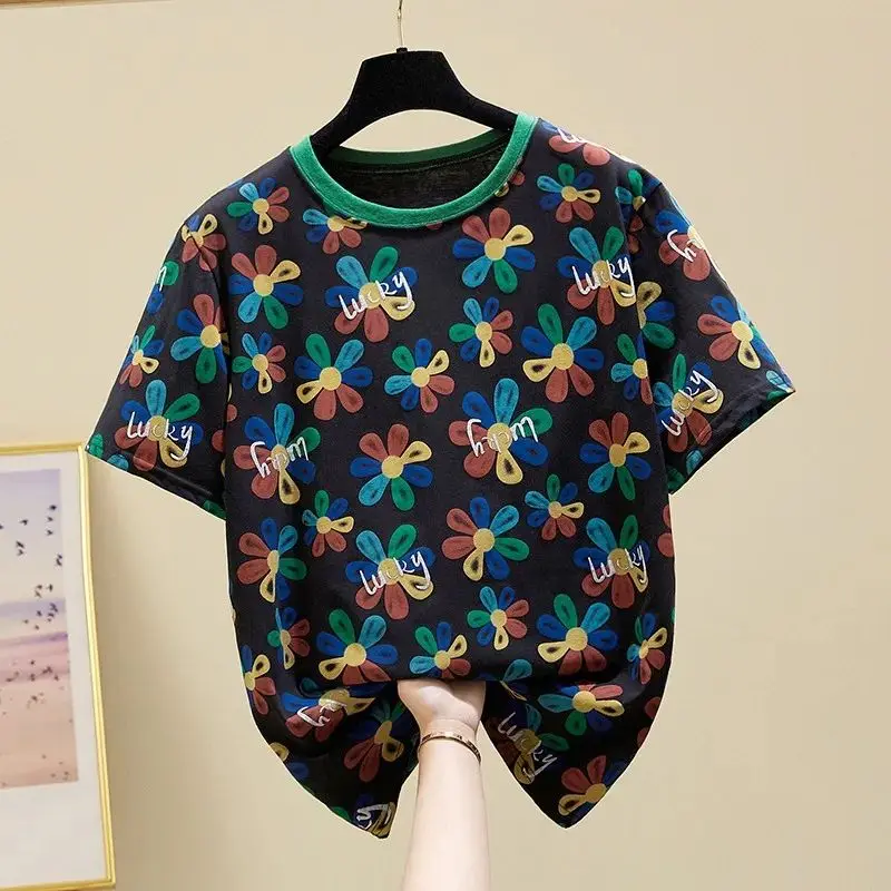 

Floral Print High Street Short Sleeve O-neck Pullover Loose Women's Blouse T-shirt Female Clothing Tops Fashion 2026 Spring
