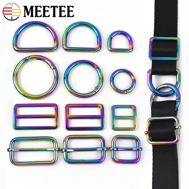 

Meetee 10Pcs Rainbow Metal Buckles Tri Glide Slider O D Ring Adjust Clasp Bag Strap Belt Connector Hook DIY Hardware Accessories