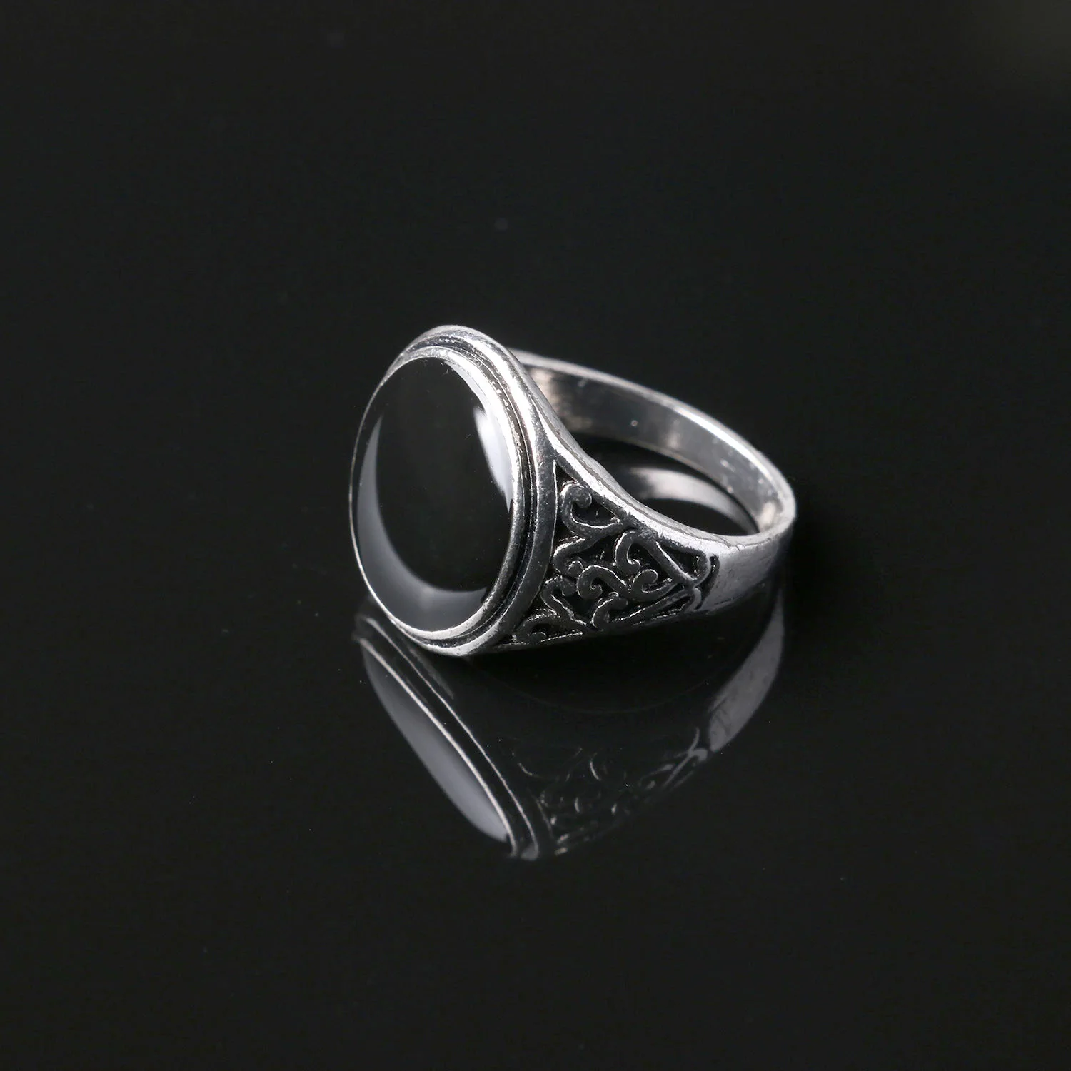 Anel de resina preta jóias masculinas punk palavra padrão vintage anéis de casamento chapeamento prata 31037