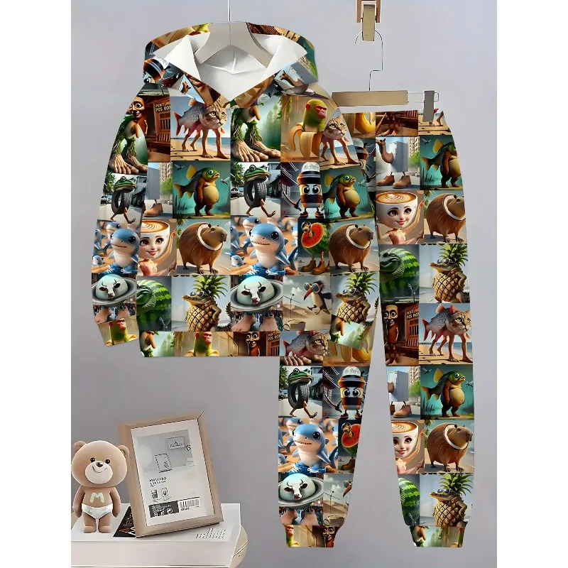 2025 طقم هوديي رياضي مطبوع عليه حيوانات ثلاثية الأبعاد وسراويل كاجوال مناسبة للأنشطة الخارجية