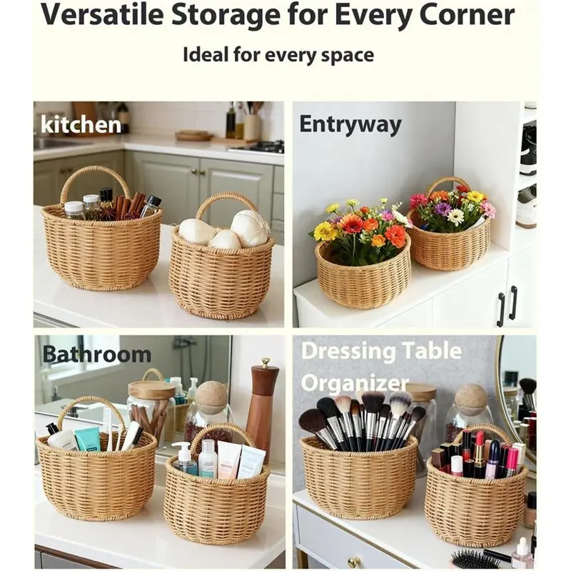【EFFICIENT 】2 Pack Wall Hanging Rattan Baskets,Hand-Woven Storage Basket,Wall Hanging Baskets For Kitchen,Washable Decorative Ba