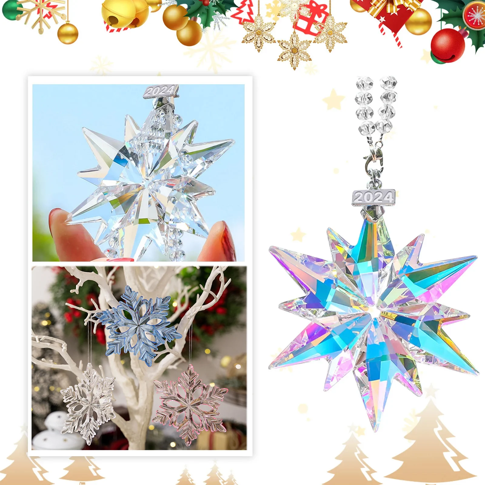Christmas Pendant Crystal Snowflake Star, Sparkly Crystal Ornaments For Christmas Tree, Beautiful Christmas Hanging Decorations