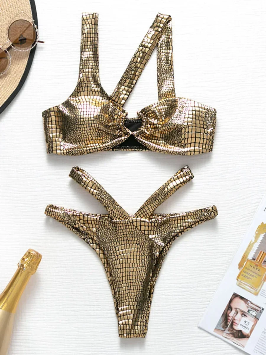 Asymmetric Shiny Snake Skin Thong Bikini Female Swimsuit Women Swimwear Two Pieces Bikini set High Cut Bather Bathing Suit Swim