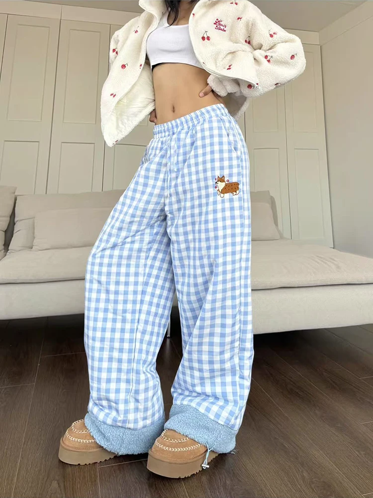 Winter Fleece Wide Leg Plaid Pants for Women Korean Cute Puppy Embroidery Loose Casual Pants Thick Warm Preppy Straight Trousers