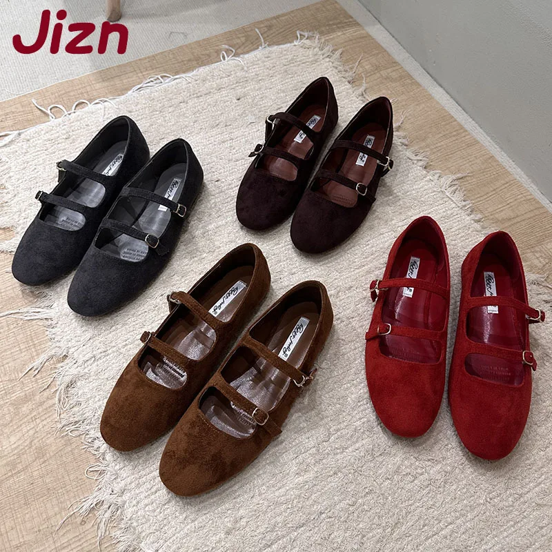 

Женская обувь из флока, женские туфли Мэри Джейн на плоской подошве, модные женские балетки на плоской подошве с круглым носком и пряжкой на ремешке