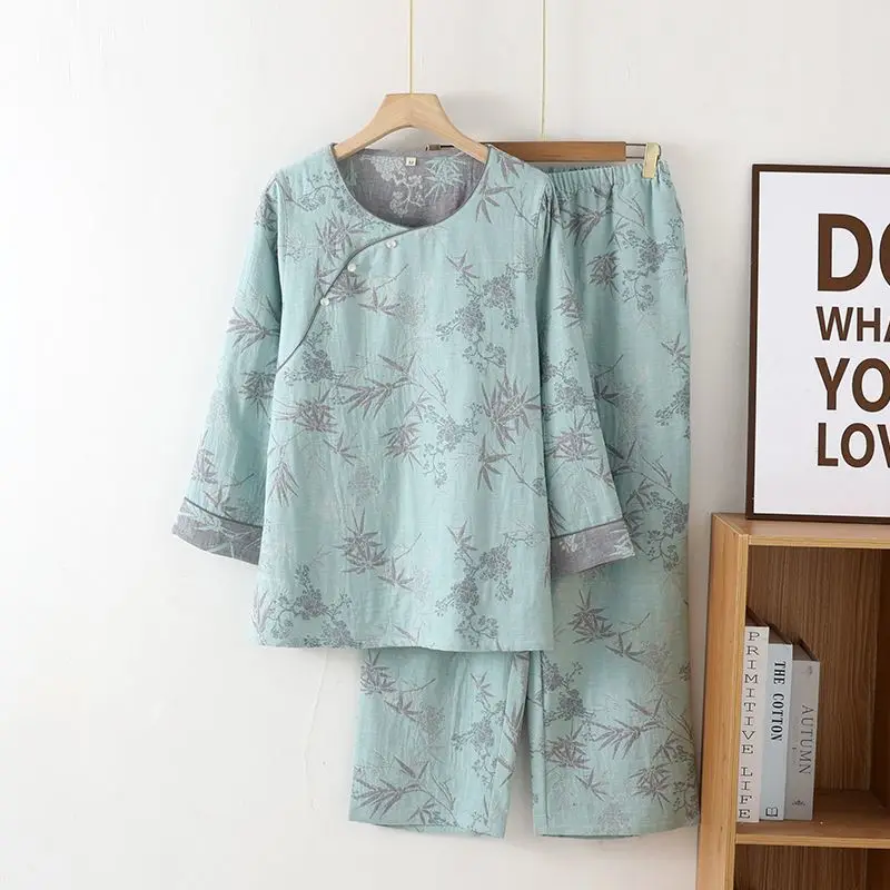 

2025 new chinese pure cotton pajamas women spring and autumn thin double gauze fashion antique long pajamas home wear set