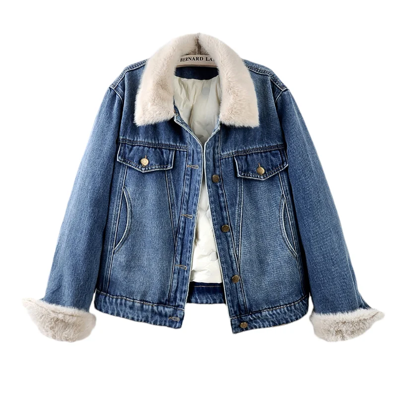 High Quality Faux Fur Lapel Warm Down Liner Denim Outerwear Winter Women Korean Casual Long Sleeve Solid Color Jeans Jacket Coat