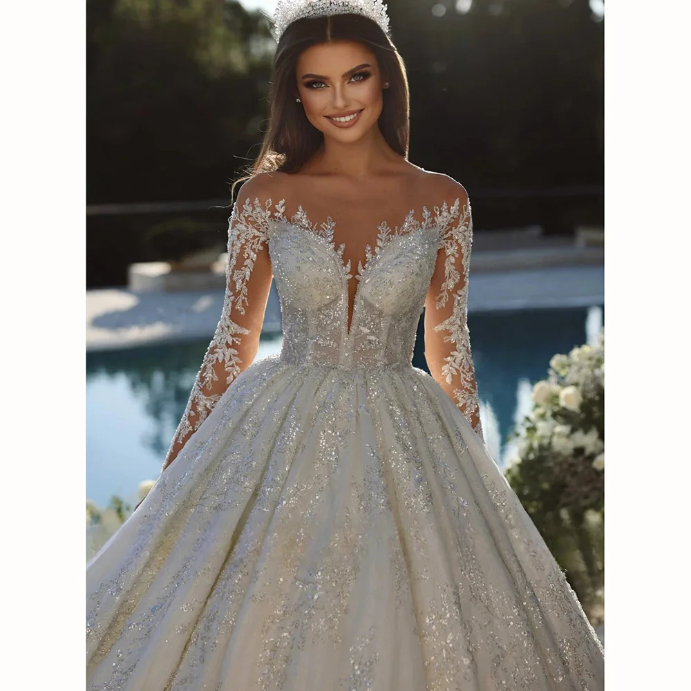 Luxury Ball Gown Wedding Dress Sweetheart Lace Applique Beaded Full Sleeves Bridal Gown Customized Women Holidays Party Clothing