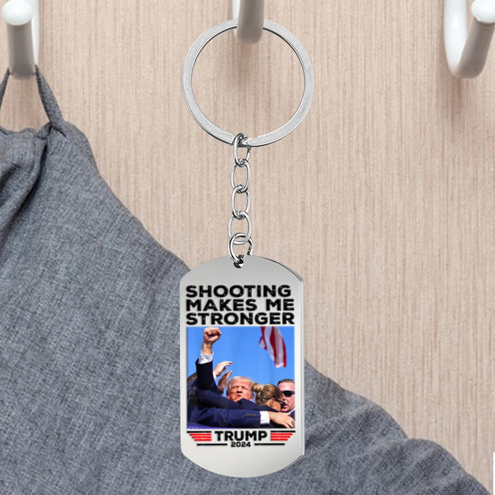 Trump 2024 Flag Keychain Shooting Makes Me Stronger Pendant Key Chain Stainless Steel Key Ring Gifts for Supporters Fans