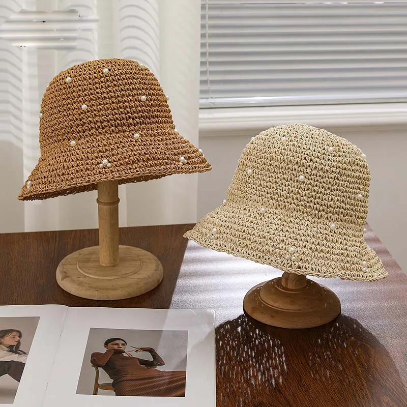 Open-weave Breathable Straw Bucket Hat for Summer Outdoor Seaside Vacation Sun Protection Hat Fashion Pearl Straw Fisherman Hat