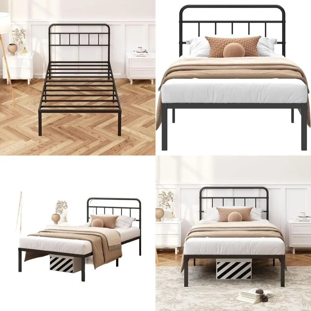 

Черный каркас двуспальной кровати с минималистским изголовьем, металлическая опора для рейки, местом для хранения под кроватью, простая сборка