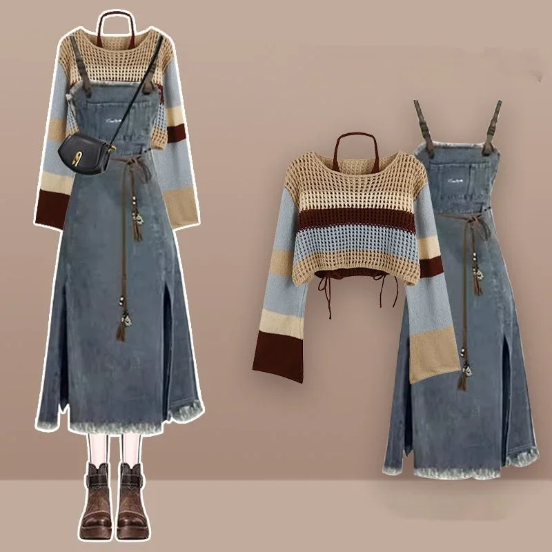 

Spring Autumn Women Fashion Stripe Short Knit Tops Halter Vest Tank Denim Dress 1 or Two Piece Set Lady Pullover Dreses Outfits