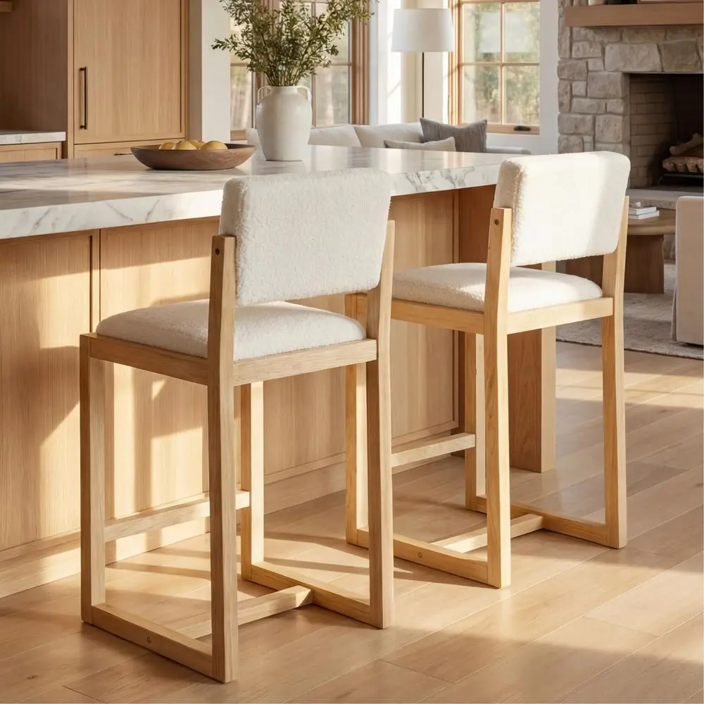 

Modern Bar Stools Set of 2, 26 Counter Height Barstools, Sherpa Upholstered Kitchen Island Chair with Light Walnut Color Wood L