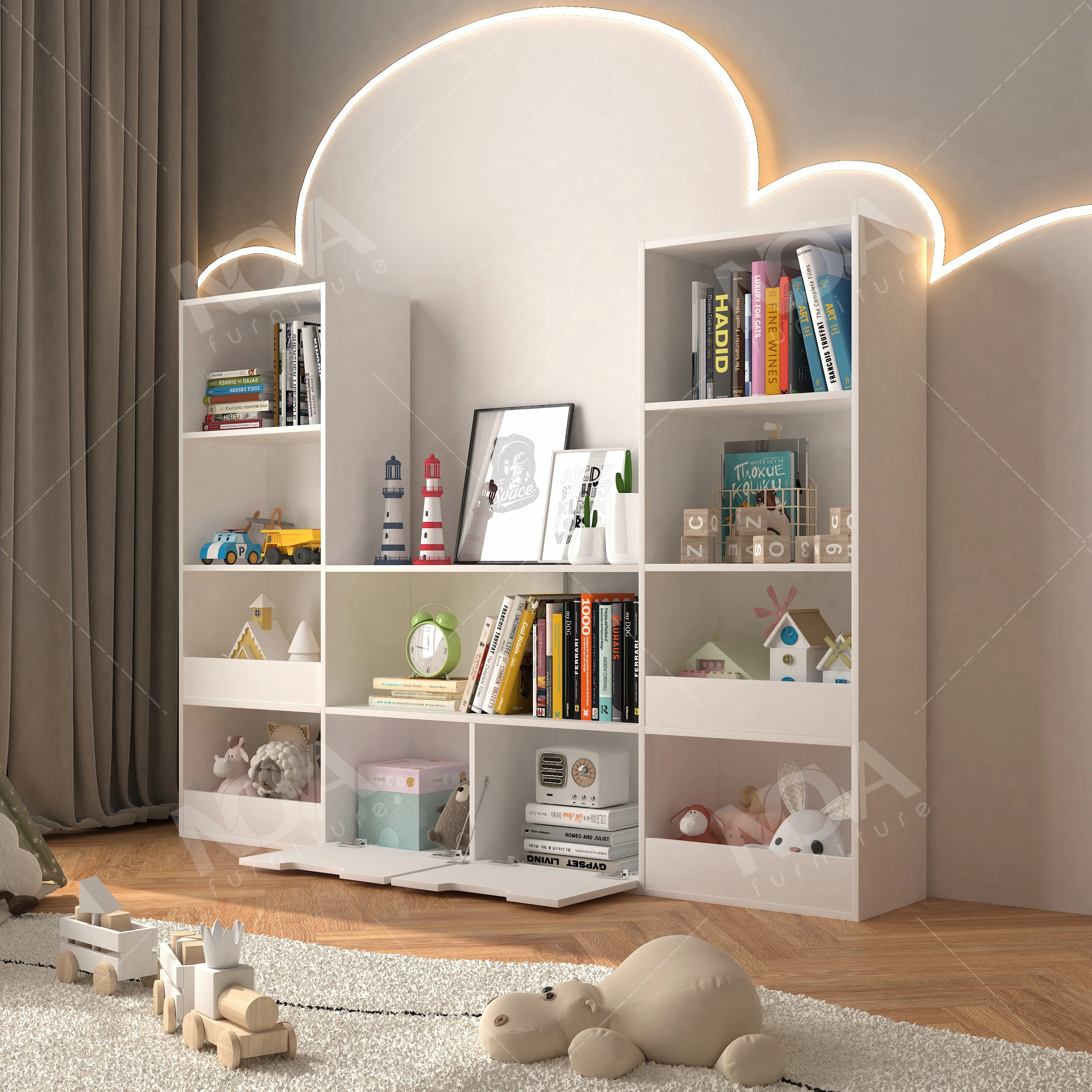 US Stock White U-Shaped Large 4-Layer Wooden Bookcase Children's Toddler Reading Bookshelf School Bedroom Toy Locker