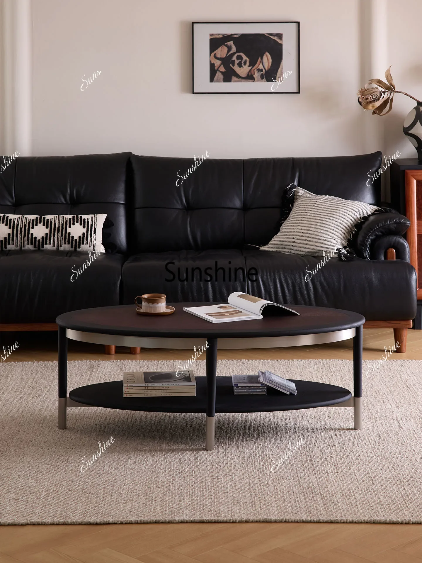 Solid wood oval coffee table living room home retro small apartment tea tableT*