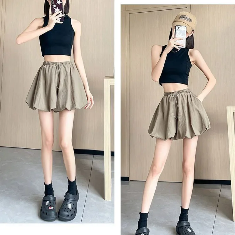 Smvp 여성용 살구색 플리츠 짧은 치마, 한국 하이웨이스트, 푹신한 버블 스커트, 사랑스러운 프레피 스타일, 미디 스커트, 여름