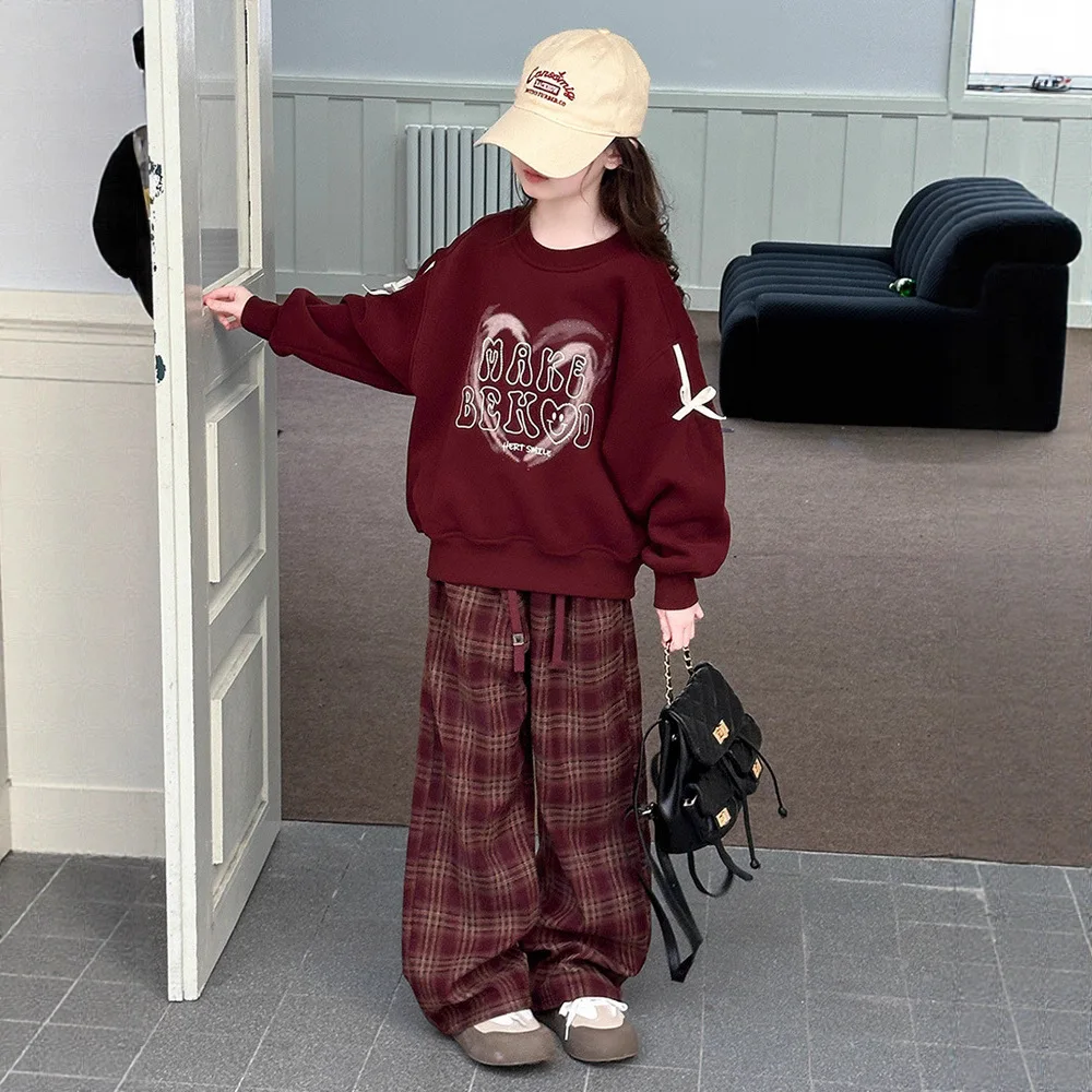 

Girls' Letter-print Hoodie Red Hoodie + Plaid Casual Pants Two-piece Set New 2025 Fleece Winter Set