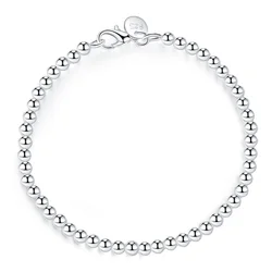 100% Silver Color Fashion 4mm Beads Chain Bracelet 20cm For Teen Girls Lady Gift Women Fine Jewelry