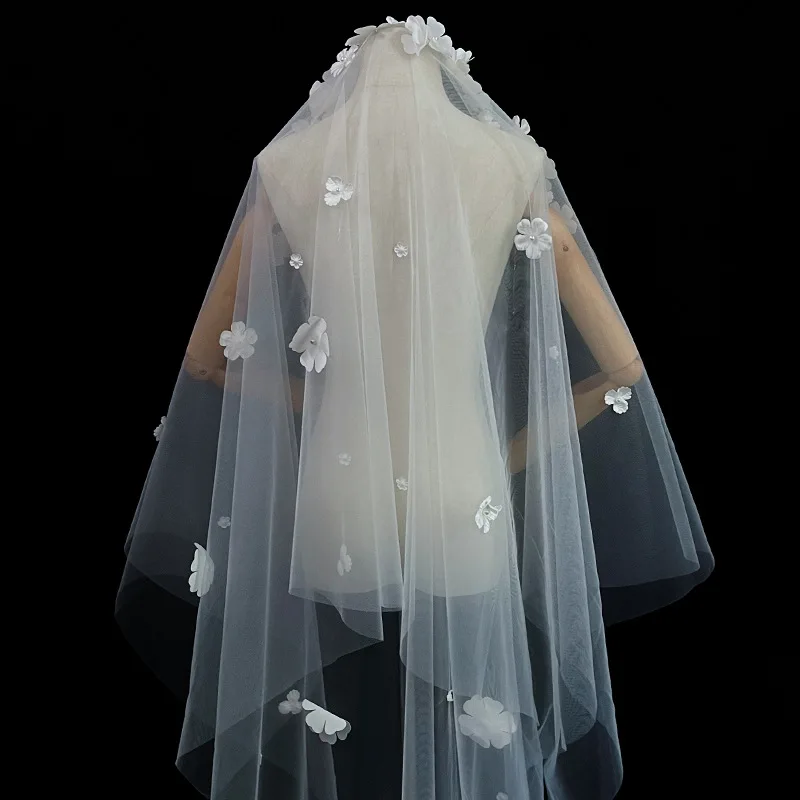 Whitney WV56 Off White Flowers Wedding Veil with Pearls Bridal Veils Mariage Accessoirres Deco White Veil Wedding фата свадебная